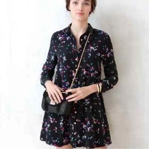 Sezane Black Floral Shirtdress Shirt Dress Button Silk Mini Dress Long Sleeve - Picture 1 of 14
