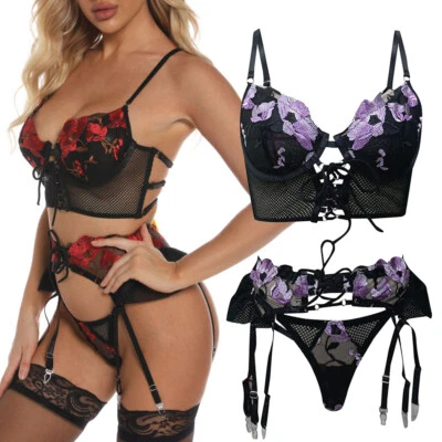 Mujer-Sexy-Ropa de dormir-Lencería-Garter-Underwired-Sujetador-Conjunto-Ropa de dormir-Babydoll-Vestido Foto 1 de 4