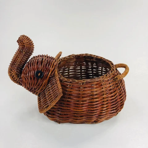 Vintage Elephant Basket Woven Wicker Trunk Up Lucky Tabletop Decor Cover