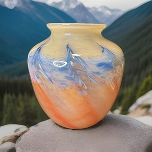 Nick Delmatto Fine Art Glas Vase Orange Blau & Gelb Swirl & Bubbles, 2002 - Bild 1 von 10