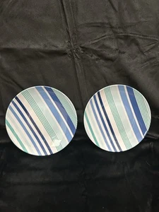Melamine Plate Set Of 2 8” Blue Stripe Salad Plates Top Shelf Dishwasher Safe - Picture 1 of 8