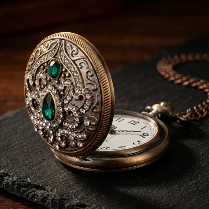 Reloj de Bolsillo Victoriano de Cuarzo Bronce con Acentos de Cristal Esmeralda y Transparente Foto 1 de 4