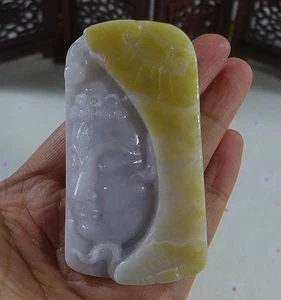Cert'd Natural Type A Yellow Jadeite Jade Big Kwan-yin Pendant 6137 - Picture 1 of 7