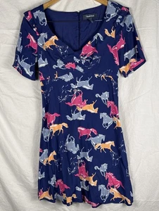 Modcloth Neon Stampede Mini Dress Women’s S Blue Ruffles Empire Waist Horses - Picture 1 of 11