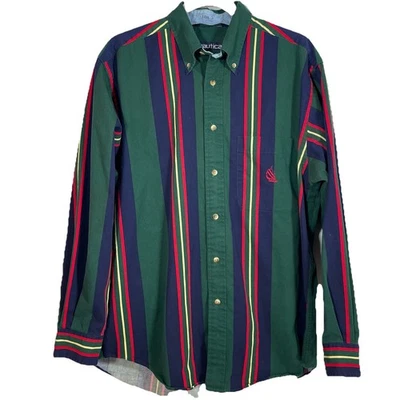 Camisa Nautica Para Hombre Mediana Verde Azul Rayas Abotonada Manga Larga De Colección Años 90 Foto 1 de 4