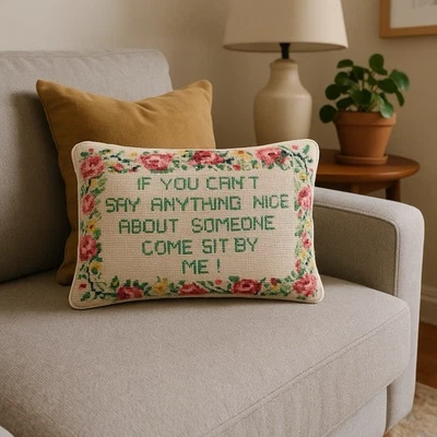 Vintage Needlepoint Floral Quote Pillow – Two’s Company – 13” x 9” - Image 1 of 4