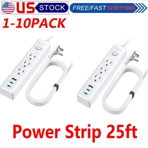 3 Outlet USB Surge Protector Power Strip Grounded Flat Plugs Extension Cord 25ft - Picture 1 of 20
