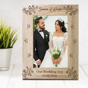 Personalised Wedding Day Engraved Wooden Photo Frame Custom Names & Date - Picture 1 of 8