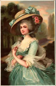 ARTIST ILLUSTRATION OF BEAUTIFUL WOMAN IN BLUE DRESS & HAT - OLD POSTCARD - Picture 1 of 2