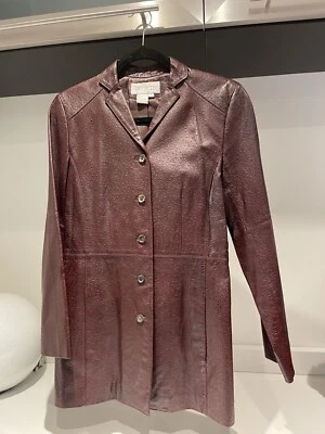 $299 VALE LA PENA Chaqueta de Cuero Genuino Caoba Marrón Avestruz Repujado Medio Abrigo Talla 4 Foto 1 de 4