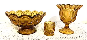 Vtg Set of 3 LE Smith Amber Moon & Stars Pedestal Candy Dishes /Toothpick Holder - Picture 1 of 5