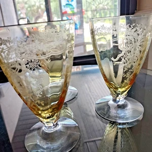 3 Rare Etched Fostoria June Topaz Yellow Glass Footed 12 oz Iced Tea # 2375 - Picture 1 of 13