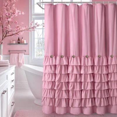 Ruffle Farmhouse Shower Curtain Beige Fabric Rustic Vintage Style 72x72 in - Image 1 of 4