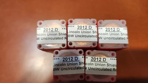 2012 D 5 rolls of 50 Uncirculated Lincoln Cents Pennies from Bank Box Cover