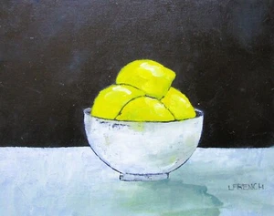 BACKYARD YELLOW LEMONS Lynne French California Still Life Art Oil Painting 8X10 - Picture 1 of 5