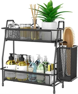 Bathroom Organizer with Basket, 2-Tier Bathroom Tray for Countertop Storage Shel - Picture 1 of 12