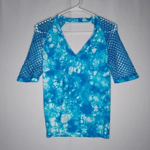 Venus Nylon Mesh Crop Top Women Blue White Tie Dye Stretch Bodycon Rave Disco - Picture 1 of 5