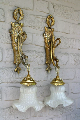 PAIR antique bronze dragon chimaera wall lights sconces glass shades Cover