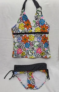 NWOT Justice Girl's White Black Orange Two Piece Peace & Love Swimsuit Size 6 - Picture 1 of 7
