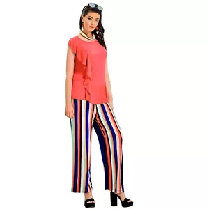Women's Short Sleeve Draped Top & Striped Trousers Casual Wear European Products - Picture 1 of 1