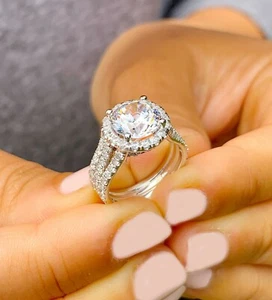 GIA Certified 14k Solid White Gold Round Cut Diamond Engagement Ring Halo 3.20ct - Picture 1 of 11