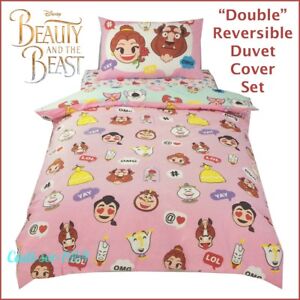 Disney Princess Beauty And The Beast Reversible DOUBLE Duvet Cover Set Emoji NEW