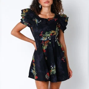 Olivaceous 100% Cotton Black Floral Cutout Puff Sleeve Mini Dress Small - Picture 1 of 8