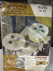 Vtg Aunt Lydias Punch Needle Oval Lid Cover Stool Chair Kit #479 Peacock Feather - Picture 1 of 6