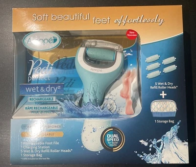 Amopé Pedi Perfect Wet & Dry Rechargeable Foot File, 5 Refill Rollers & Bag New - Image 1 of 2