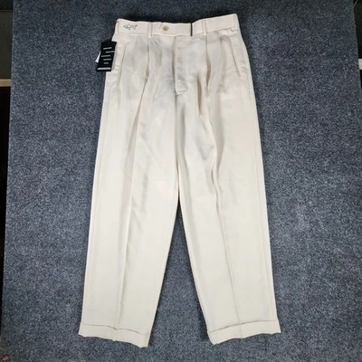全新带标签 Greg Norman 百褶袖口裤子男式 34x30 米色休闲学院风 — 第 1/4 张图片