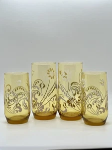 Menge 4 Vintage Bernstein mit weißen Blumen Unzen Trinkgläser 2 Becher/2 Wasser - Bild 1 von 6