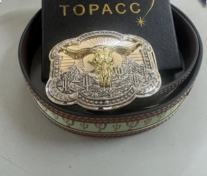 TOPACC Cinturón Occidental Turquesa y Cactus con Hebilla con Longhorn 90cm - Imagen 1 de 3