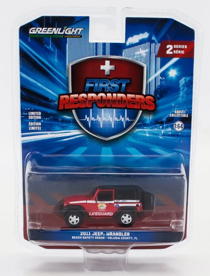 1/64 GREENLIGHT - JEEP | WRANGLER LIFEGUARD FLORIDA BEACH 2011 | RED WHITE - Immagine 1 di 1