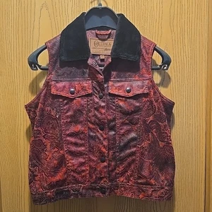 Outback Trading Company Women’s S Vest Red Black Paisley vegan faux fur lined - Picture 1 of 11