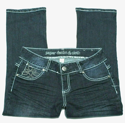 Pantalones de mezclilla y tela de papel talla pequeña recortados para mujer elásticos entrepierna lavada oscura 22 Foto 1 de 3