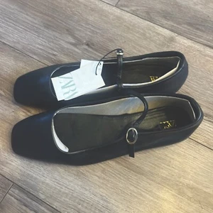 Zara schwarze 100% Leder Ballerinas mit Riemen - Größe US 7,5 - neu mit Etikett - Bild 1 von 3