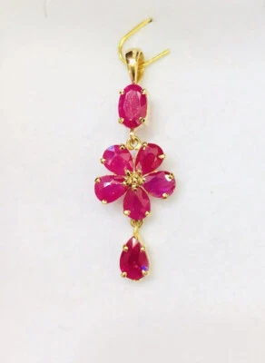 14K Solid Yellow Gold Flower Dangle Pendant With Pear & Oval Ruby1,45GM - Image 1 of 4