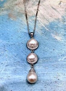 SET - THREE PEARL DROP STERLING SILVER PENDANT NECKLACE W/DROP SS PEARL EARRINGS - Picture 1 of 8