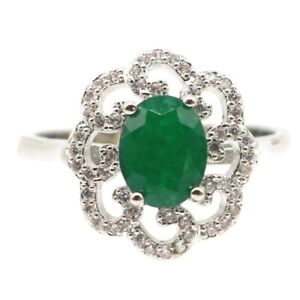 Eye CatchingGreen Emerald White CZ Jewelry For Woman's Silver Ring 7.5