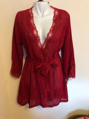 NWT Lejaby Paris Lace Trim Sexy Short Red Robe, Size Small - Image 1 of 4