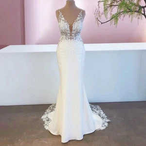 Mariage Boheme Chic Lace Mermaid Wedding Dress Lace Appliques Satin Bridal Gown - Picture 1 of 9