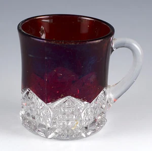 Antique EAPG Glass Ruby Flash Stained Small Handled Mug Cup Button & Arches - Picture 1 of 4