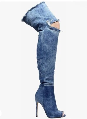 Denim Peep Toe Over The Knee High Boots - Image 1 of 4