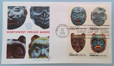 Scott 1834 1835 1836 1837a FDC Pacific Northwest Indian Masks BLK4 Spectrum - Image 1 of 3