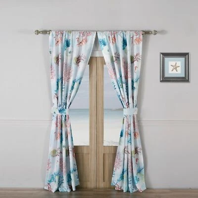 Juego 2 Cortinas Paneles Cortinas Azul Rosa Costero Playa Coral 84 en Oscurecimiento Foto 1 de 4