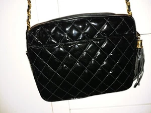Vintage Jay Herbert Black Leather Quilted Patent Tassel Crossbody Chain bag - Picture 1 of 17