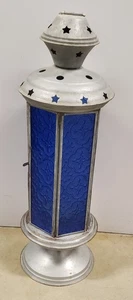 Cobalt Blue Stained Glass 13” Tealight Lantern Weathered Aluminum - Picture 1 of 8