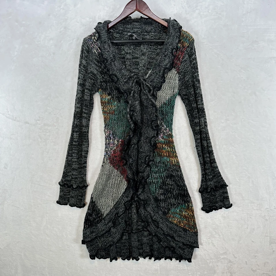 Vintage Sioni Cardigan Womens Petite M Gray Multi Ruffle Knit Artsy Long 90s - Image 1 of 4