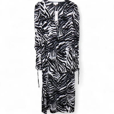 Topshop Women's Zebra Print Midi Dress US 8 Black White Long Sleeve Ruched NWT - Image 1 of 4