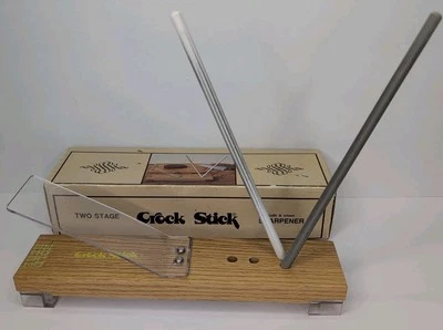Vintage Crock Stick Knife Scissor Sharpener Two Stage 2 Rods Wood Base With Box - Image 1 of 4
